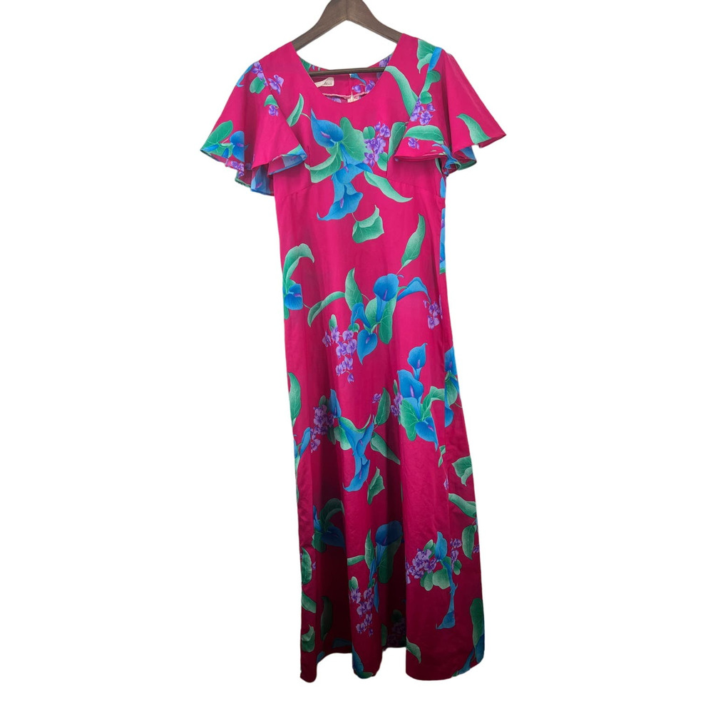 Vintage Made in Hawaii Maxi Dress Fuscia Pink Floral Tropical Beachy Hawaiin